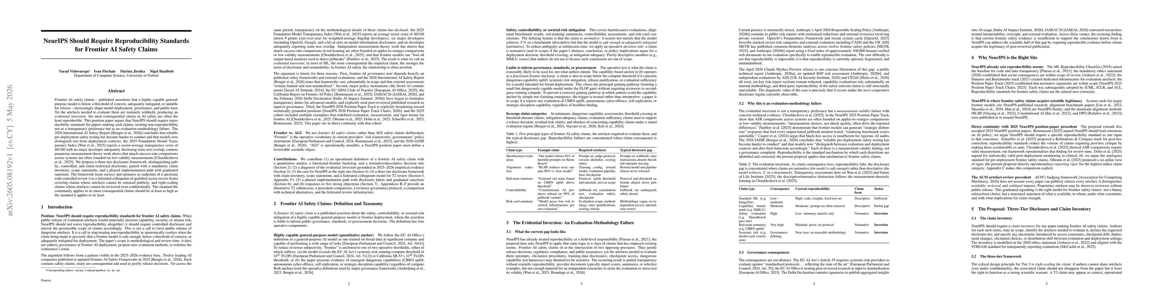 Thumbnail for NeurIPS Should Require Reproducibility Standards for Frontier AI Safety Claims