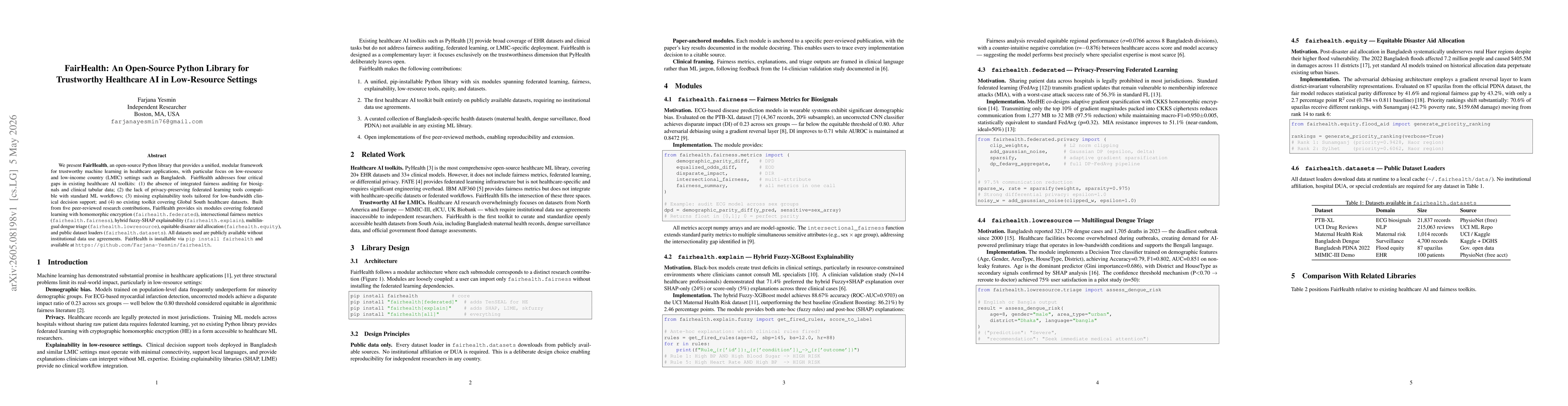 Thumbnail for FairHealth: An Open-Source Python Library for Trustworthy Healthcare AI in Low-Resource Settings