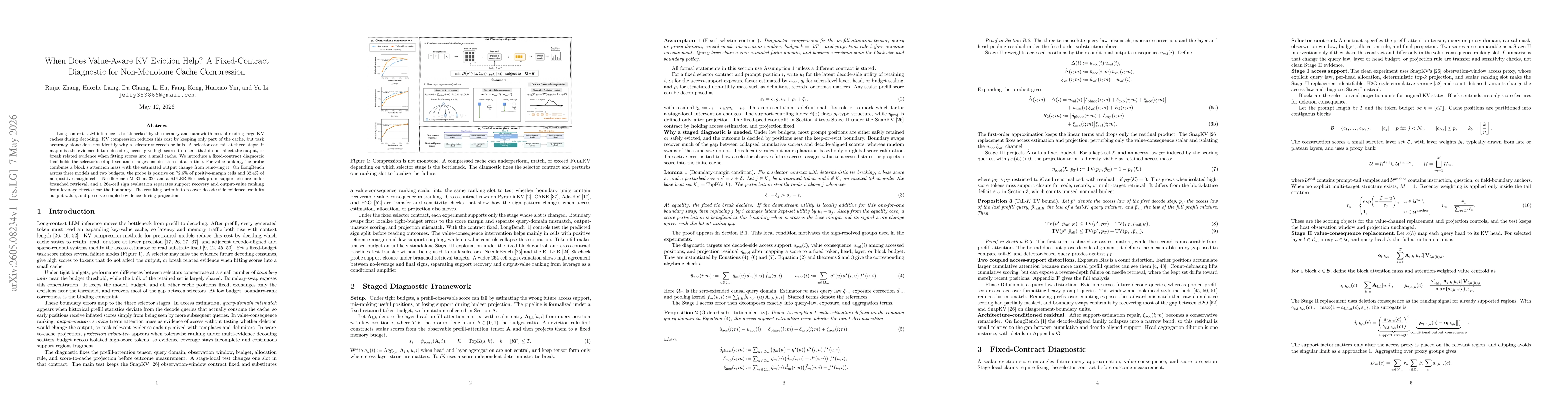 Thumbnail for When Does Value-Aware KV Eviction Help? A Fixed-Contract Diagnostic for Non-Monotone Cache Compression