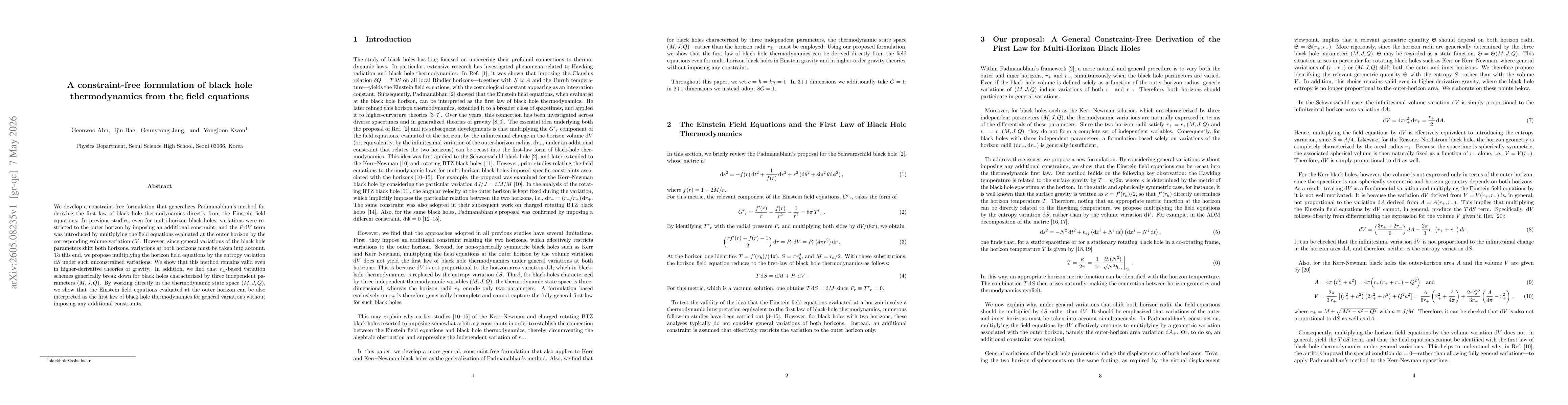 Thumbnail for A Constraint-Free Formulation of Black Hole Thermodynamics from the Field Equations