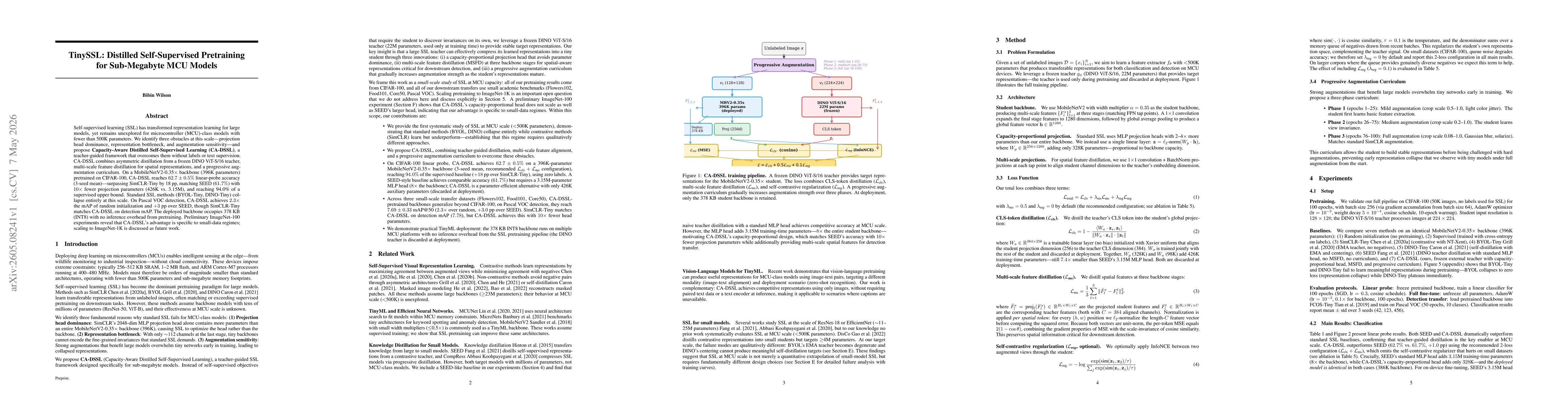 Thumbnail for TinySSL: Distilled Self-Supervised Pretraining for Sub-Megabyte MCU Models