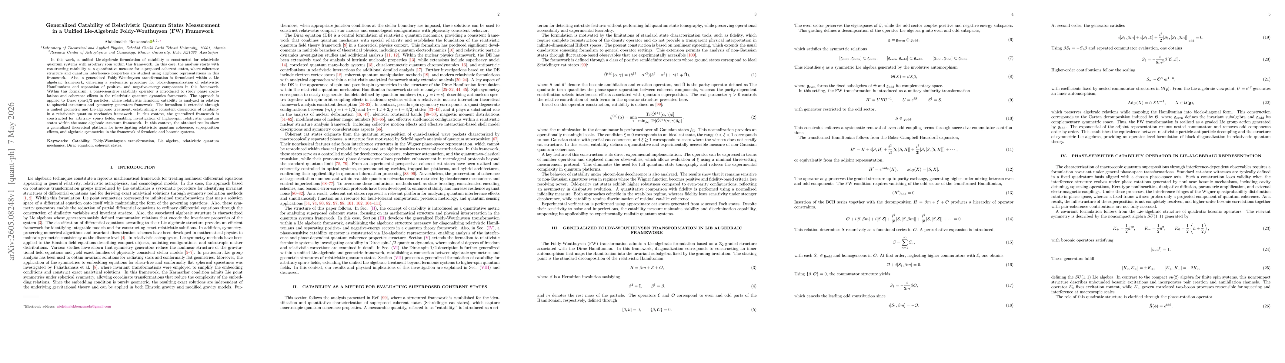 Thumbnail for Generalized Catability of Relativistic Quantum States Measurement in a Unified Lie-Algebraic Foldy-Wouthuysen (FW) Framework