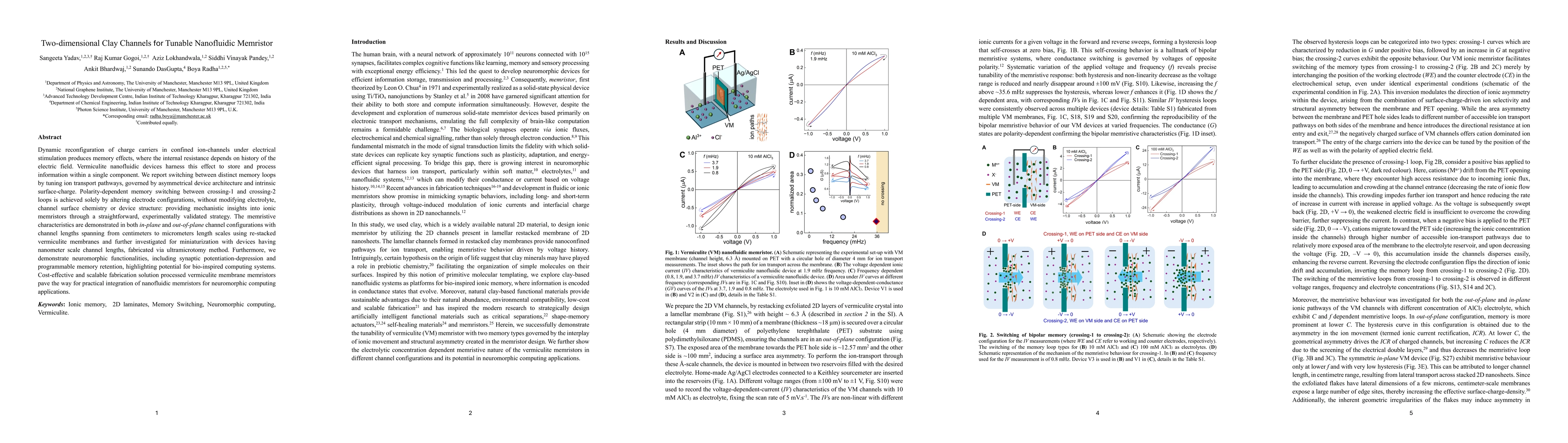 Thumbnail for Two-dimensional Clay Channels for Tunable Nanofluidic Memristor