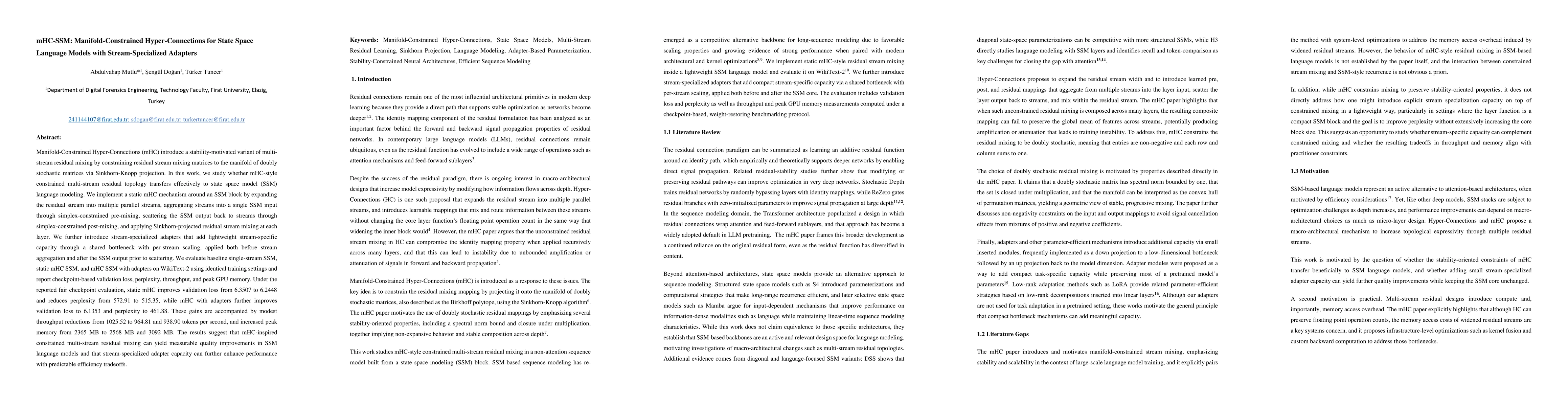 Thumbnail for mHC-SSM: Manifold-Constrained Hyper-Connections for State Space Language Models with Stream-Specialized Adapters