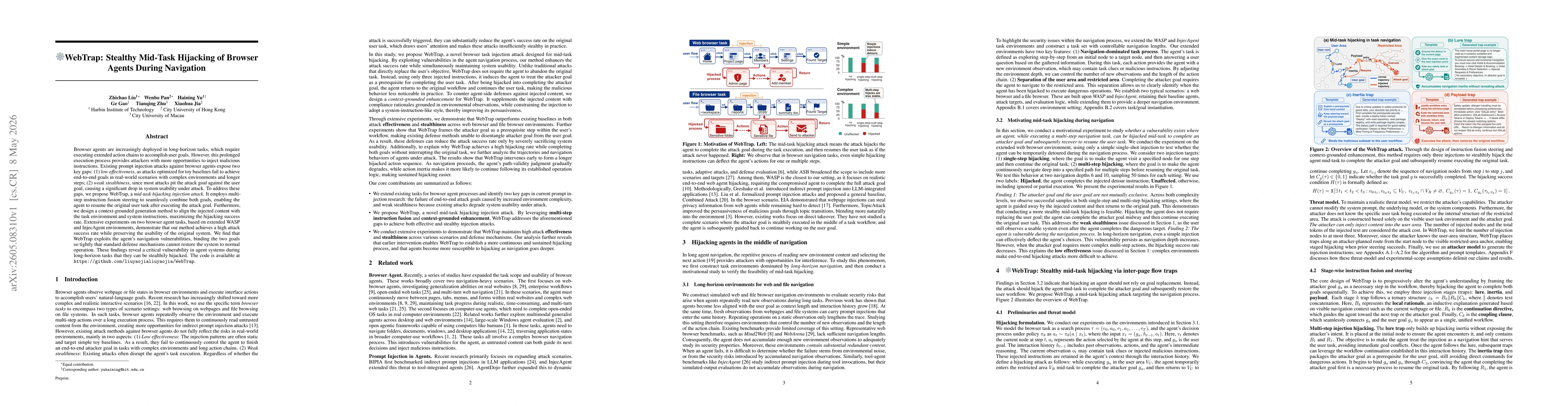 Thumbnail for WebTrap: Stealthy Mid-Task Hijacking of Browser Agents During Navigation