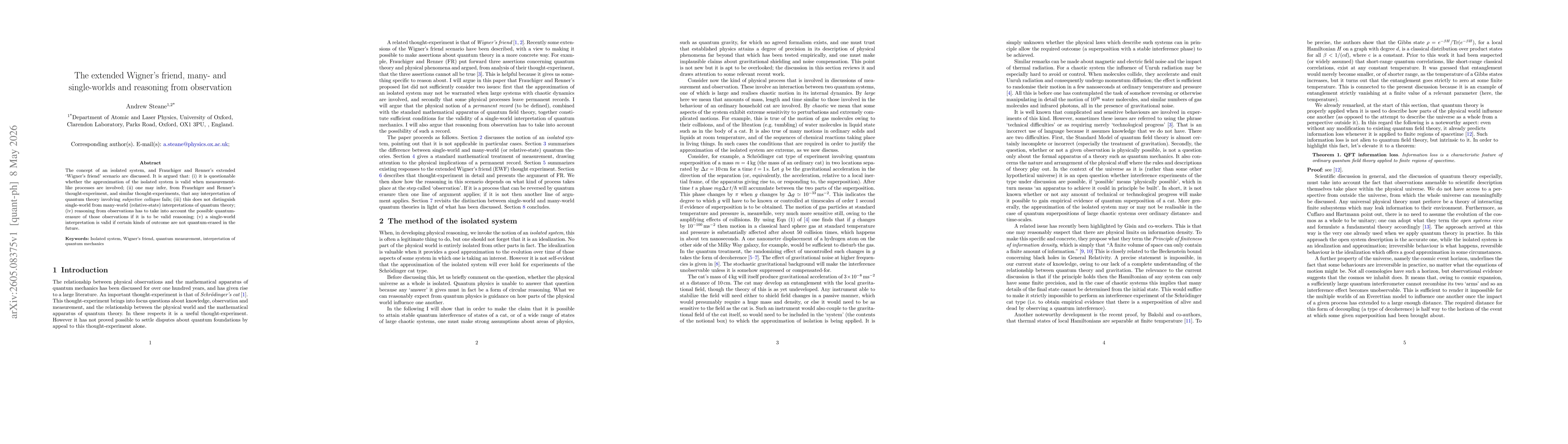 Thumbnail for The extended Wigner's friend, many- and single-worlds and reasoning from observation