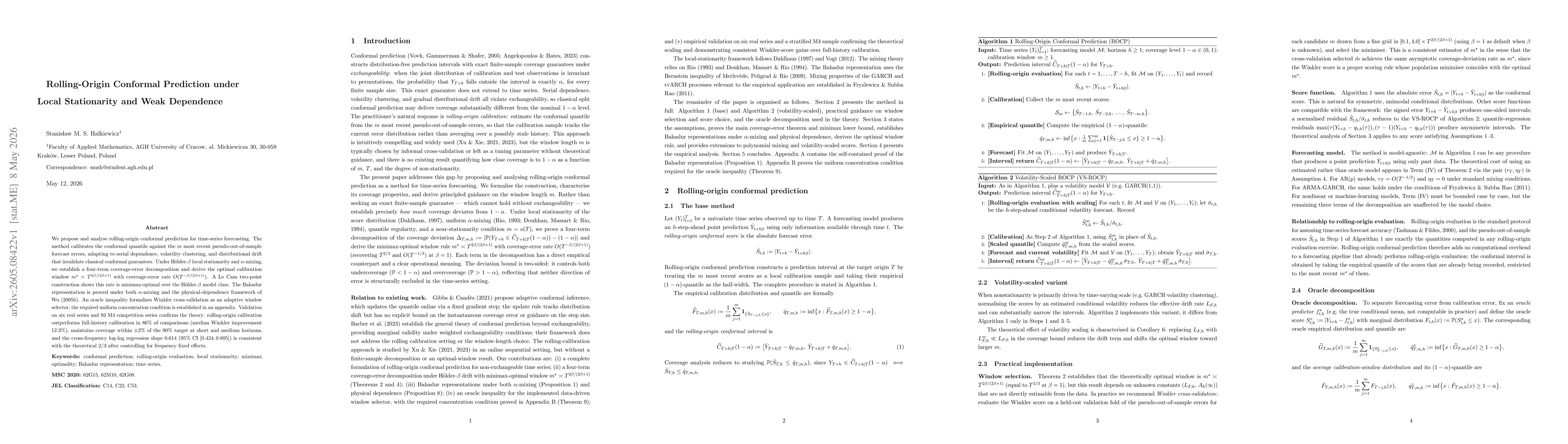 Thumbnail for Rolling-Origin Conformal Prediction under Local Stationarity and Weak Dependence