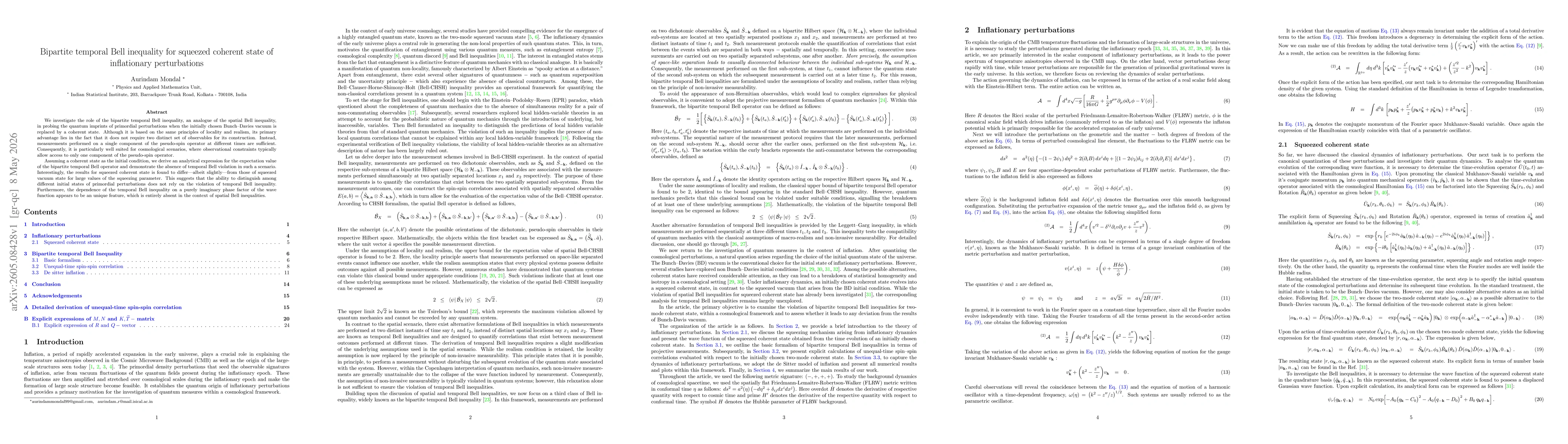 Thumbnail for Bipartite temporal Bell inequality for squeezed coherent state of inflationary perturbations