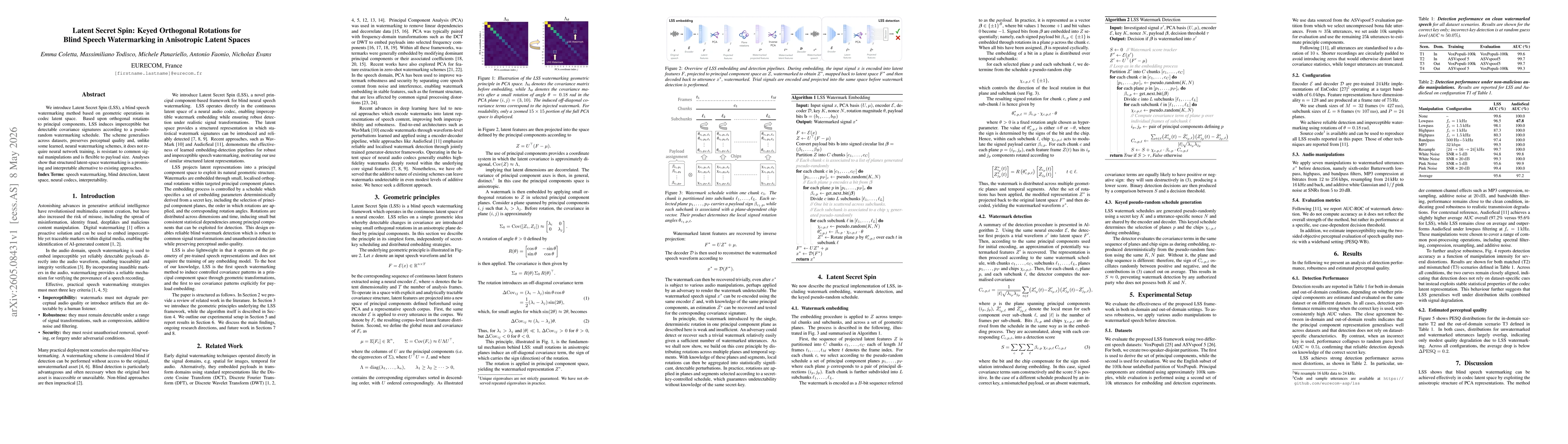 Thumbnail for Latent Secret Spin: Keyed Orthogonal Rotations for Blind Speech Watermarking in Anisotropic Latent Spaces