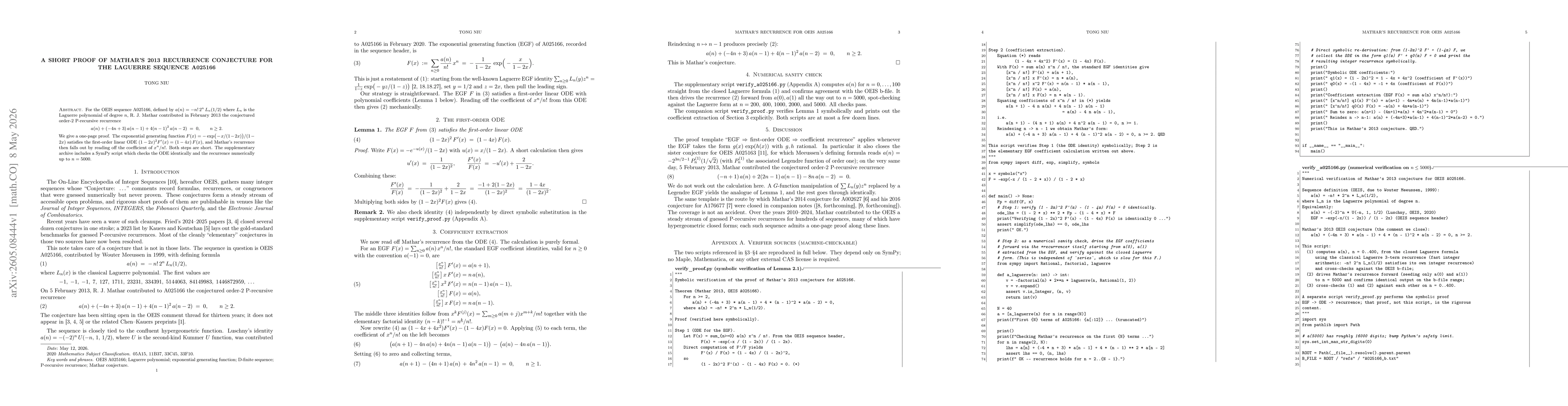 Thumbnail for A short proof of Mathar's 2013 recurrence conjecture for the Laguerre sequence~A025166