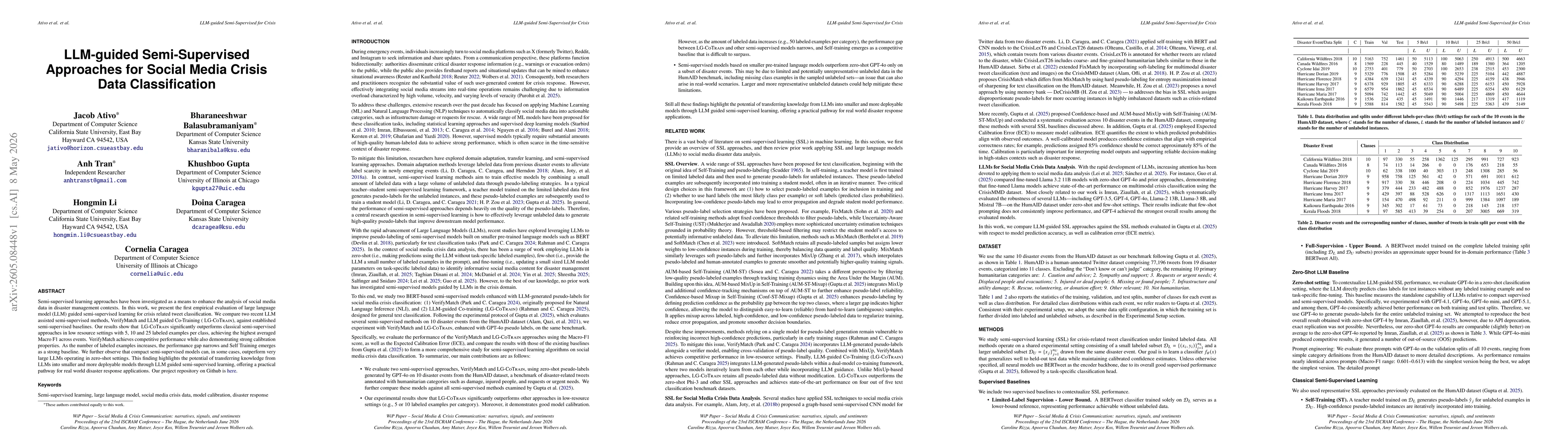 Thumbnail for LLM-guided Semi-Supervised Approaches for Social Media Crisis Data Classification