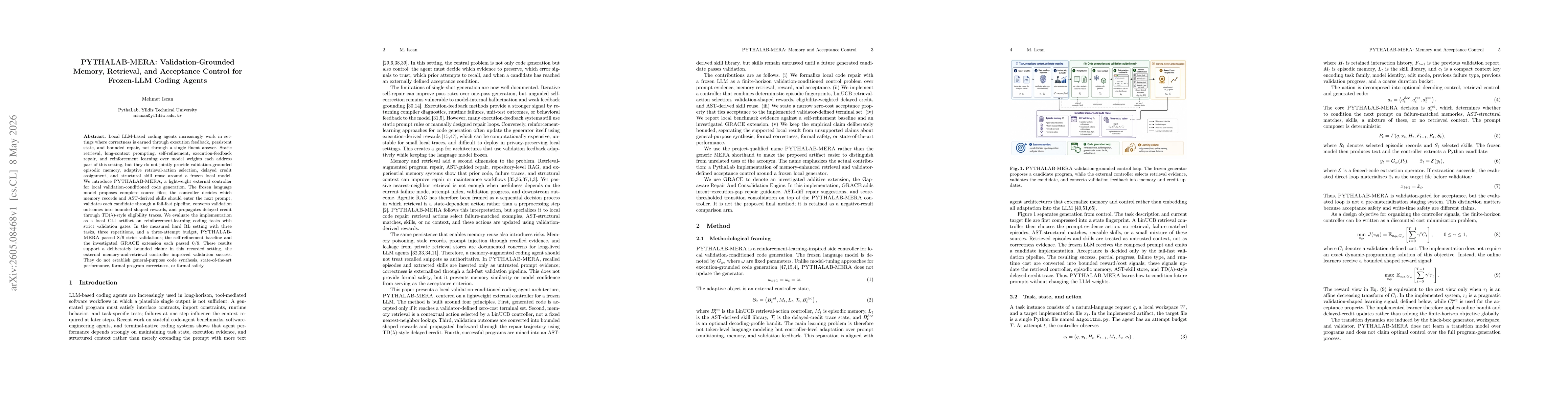 Thumbnail for PYTHALAB-MERA: Validation-Grounded Memory, Retrieval, and Acceptance Control for Frozen-LLM Coding Agents