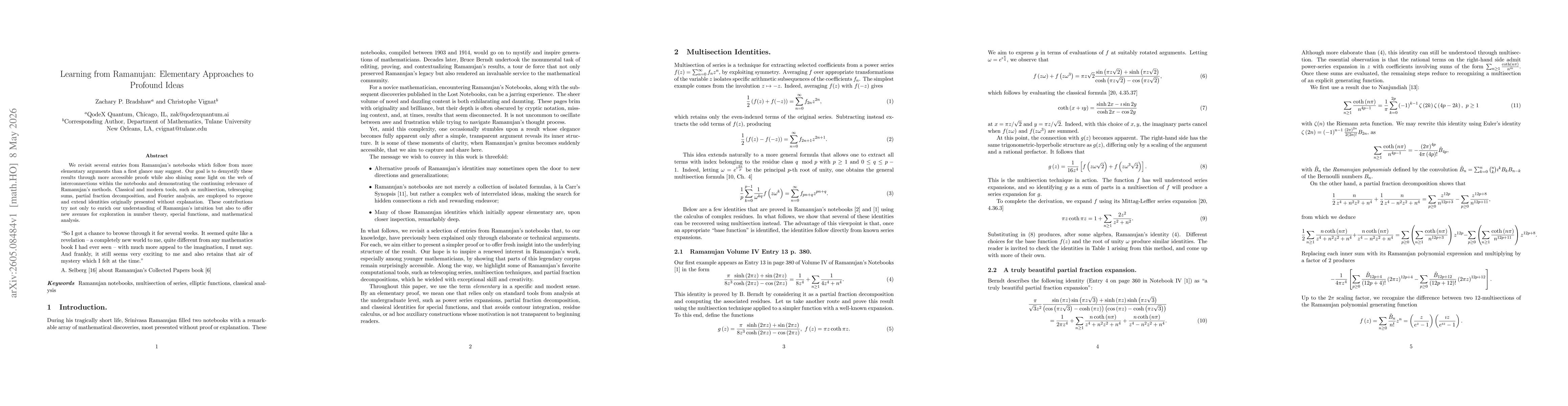 Thumbnail for Learning from Ramanujan: Elementary Approaches to Profound Ideas