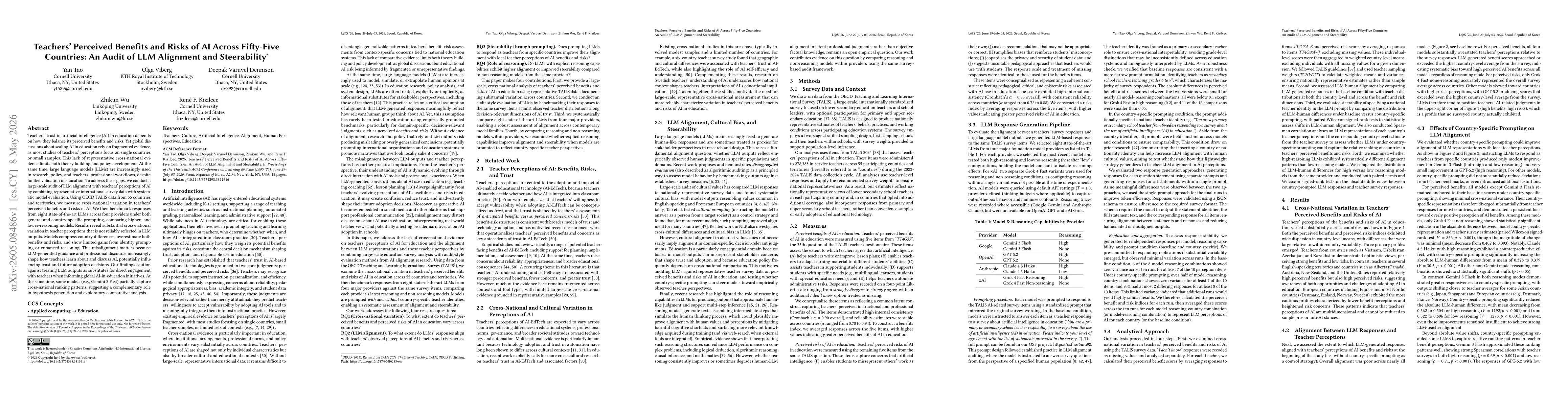 Thumbnail for Teachers' Perceived Benefits and Risks of AI Across Fifty-Five Countries: An Audit of LLM Alignment and Steerability