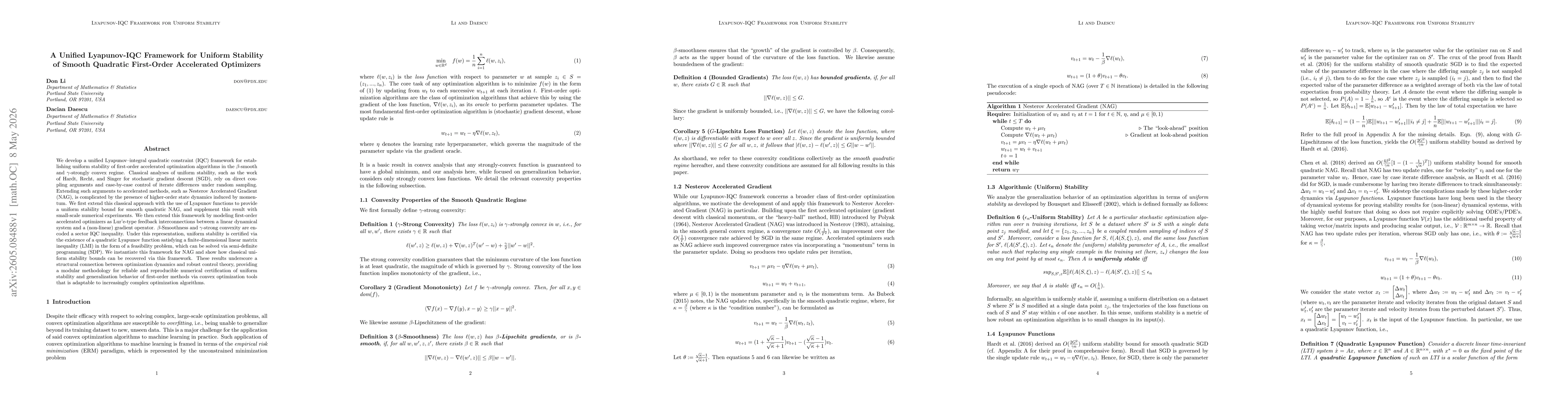 Thumbnail for A Unified Lyapunov-IQC Framework for Uniform Stability of Smooth Quadratic First-Order Accelerated Optimizers
