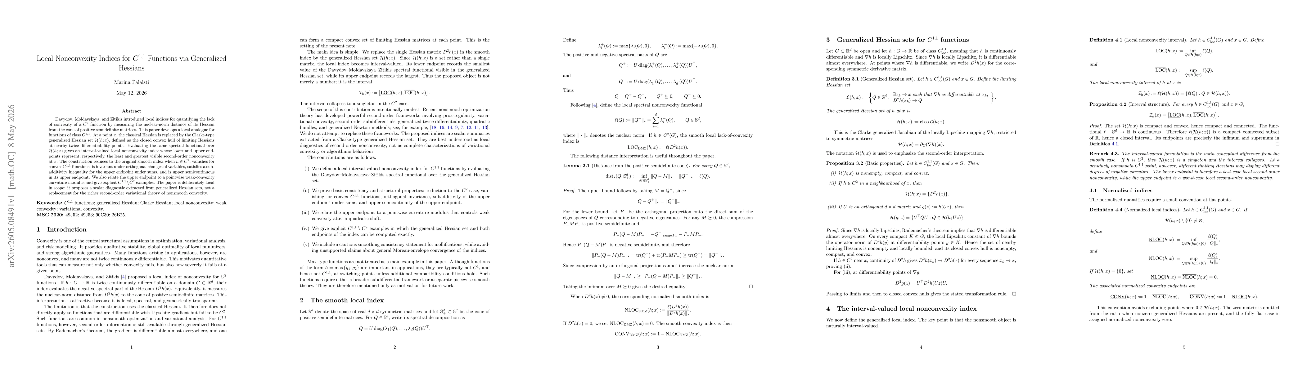 Thumbnail for Local Nonconvexity Indices for \(C^{1,1}\) Functions via Generalized Hessians
