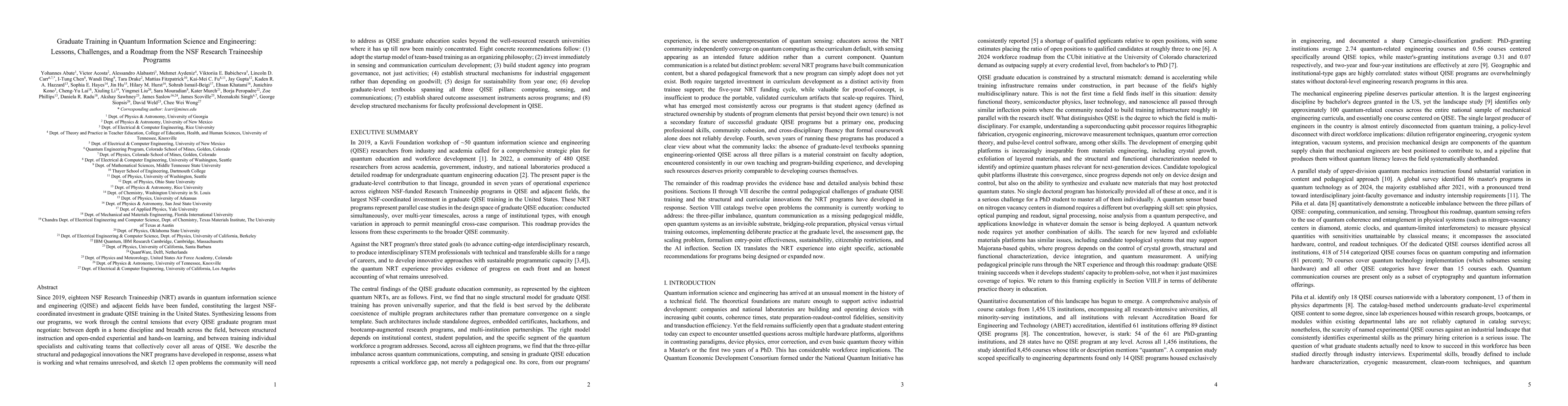 Thumbnail for Graduate Training in Quantum Information Science and Engineering: Lessons, Challenges, and a Roadmap from the NSF Research Traineeship Programs