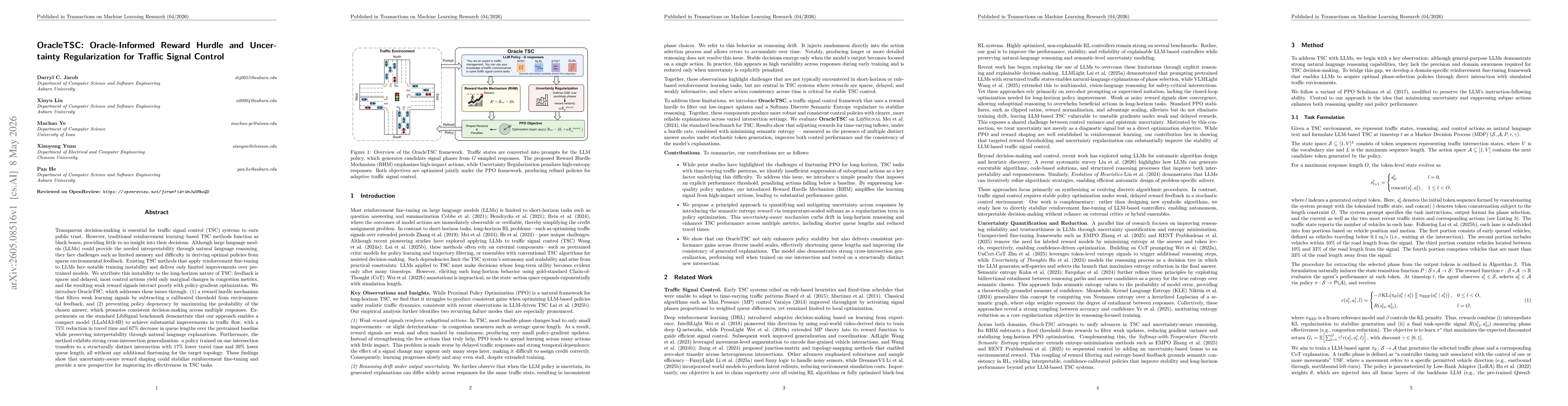 Thumbnail for OracleTSC: Oracle-Informed Reward Hurdle and Uncertainty Regularization for Traffic Signal Control