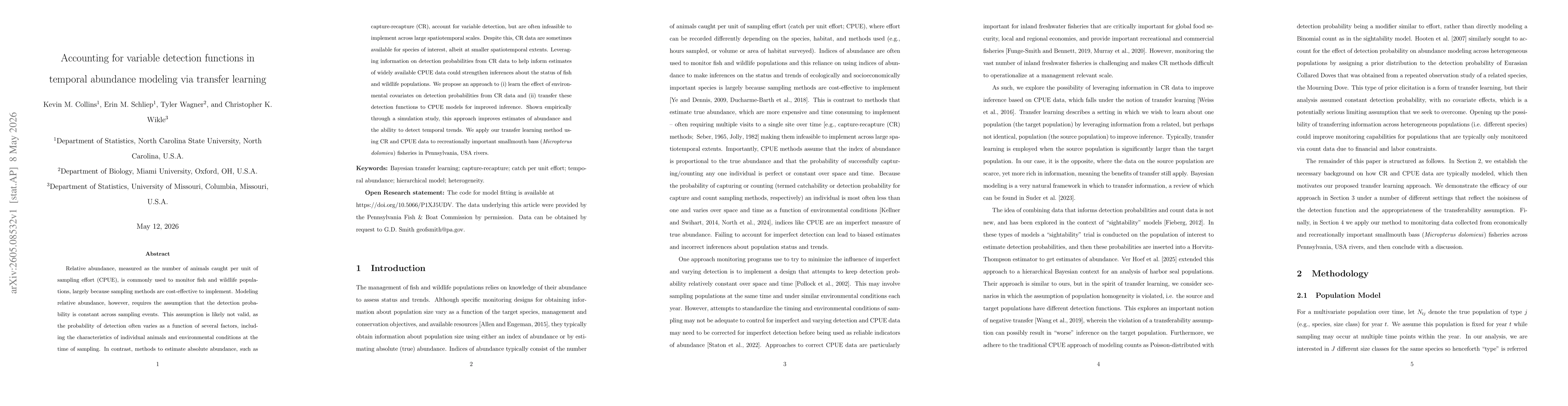 Thumbnail for Accounting for variable detection functions in temporal abundance modeling via transfer learning