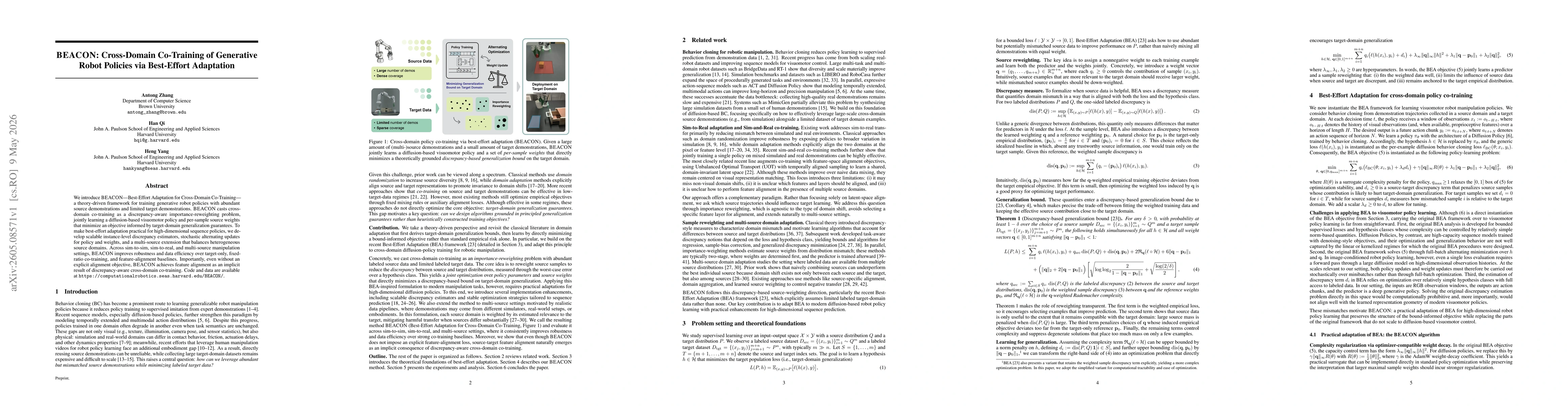 Thumbnail for BEACON: Cross-Domain Co-Training of Generative Robot Policies via Best-Effort Adaptation