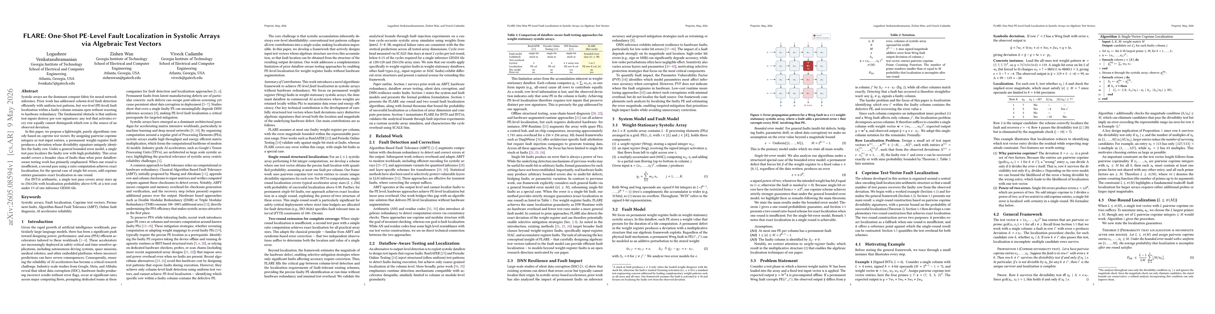 Thumbnail for FLARE: One-Shot PE-Level Fault Localization in Systolic Arrays via Algebraic Test Vectors