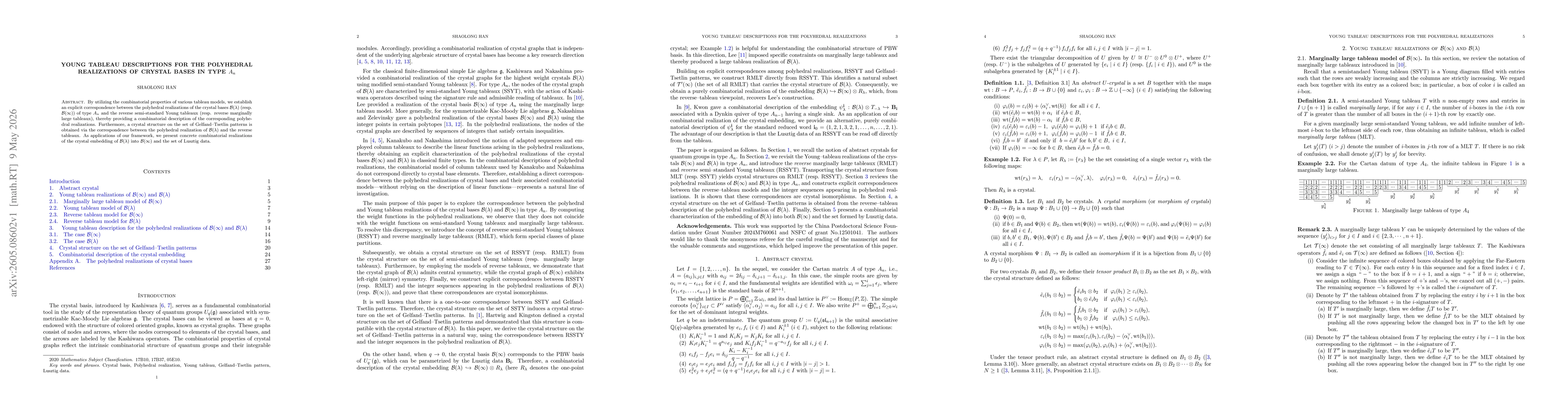 Thumbnail for Young tableau descriptions for the polyhedral realizations of crystal bases in type $A_n$