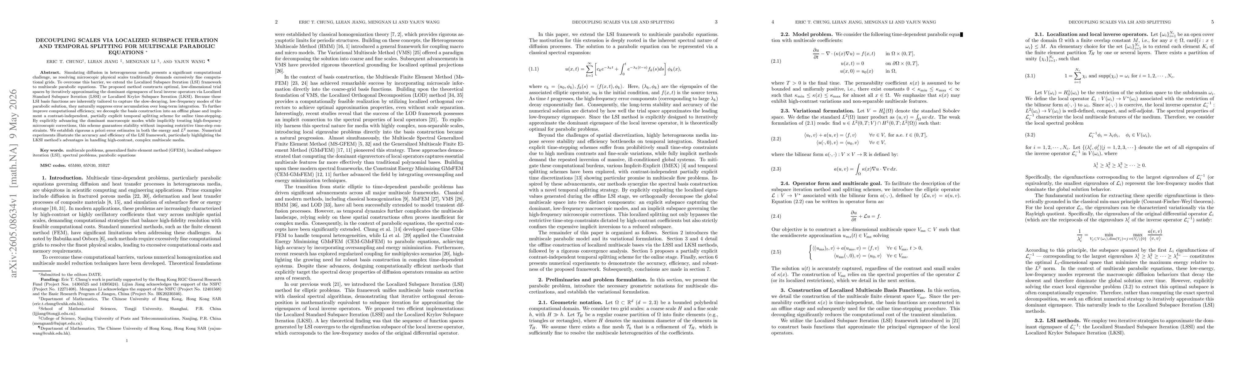 Thumbnail for Decoupling scales via localized subspace iteration and temporal splitting for multiscale parabolic equations