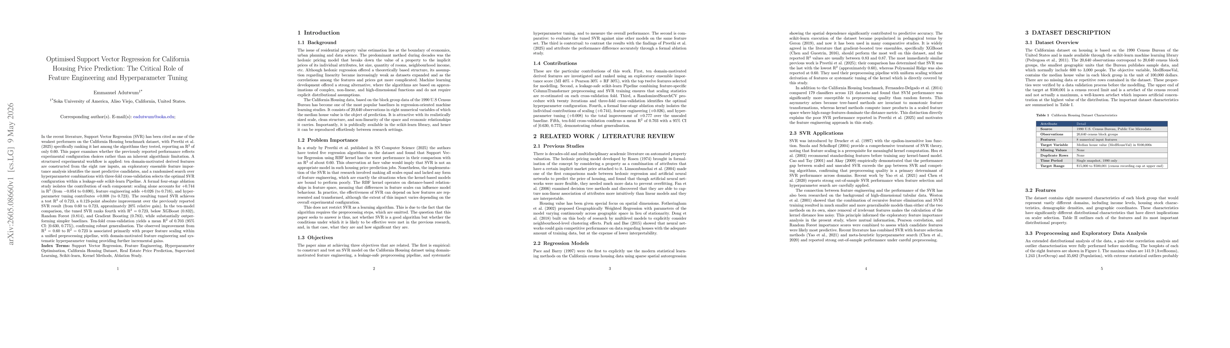 Thumbnail for Optimised Support Vector Regression for California Housing Price Prediction: The Critical Role of Feature Engineering and Hyperparameter Tuning