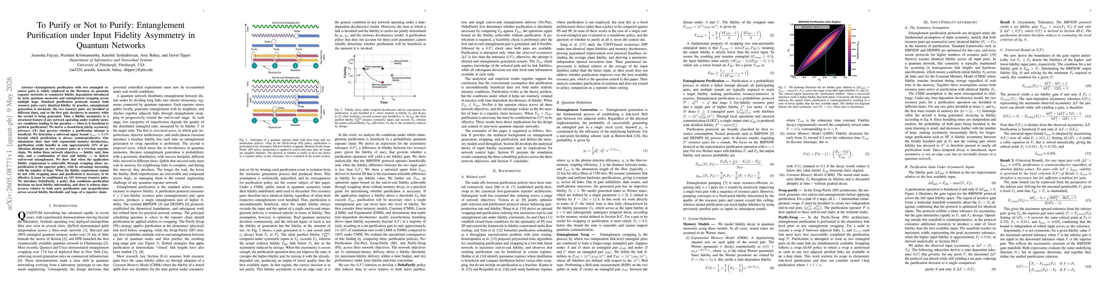 Thumbnail for To Purify or Not to Purify: Entanglement Purification under Input Fidelity Asymmetry in Quantum Networks