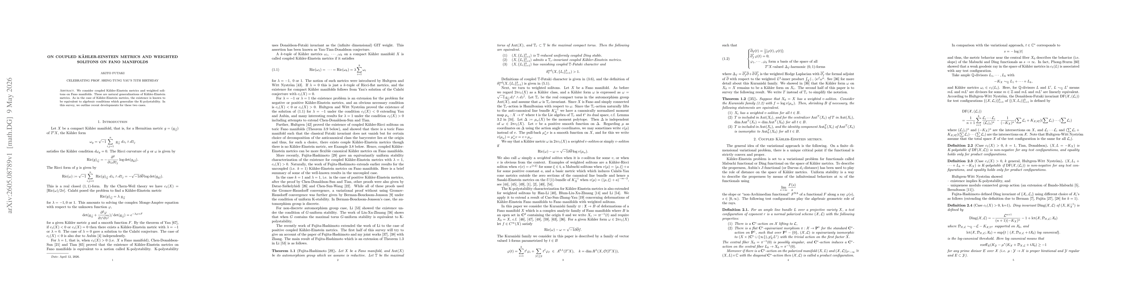 Thumbnail for On coupled Kähler-Einstein metrics and weighted solitons on Fano manifolds