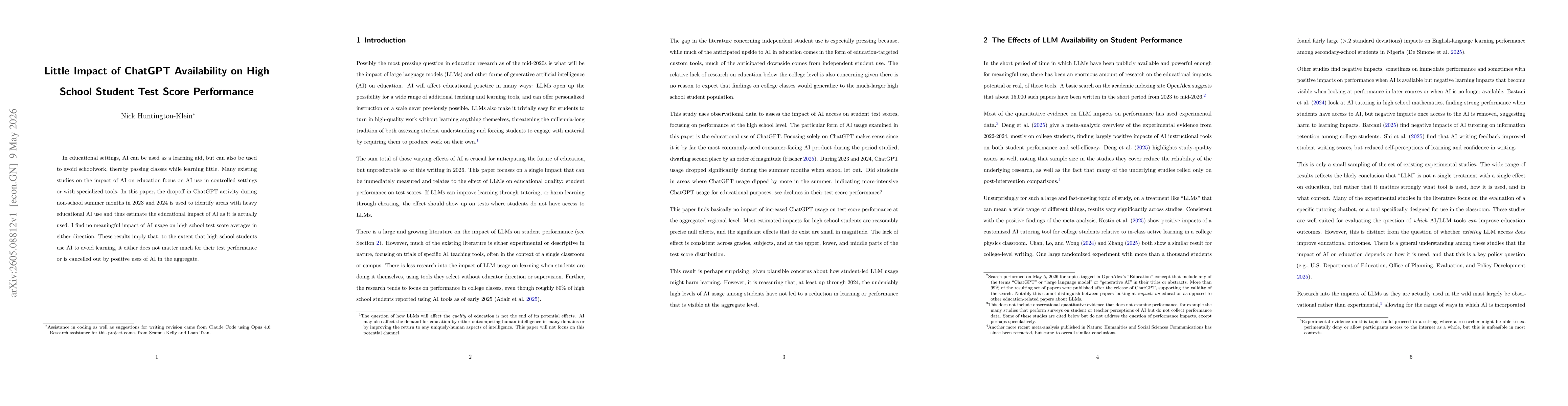 Thumbnail for Little Impact of ChatGPT Availability on High School Student Test Score Performance