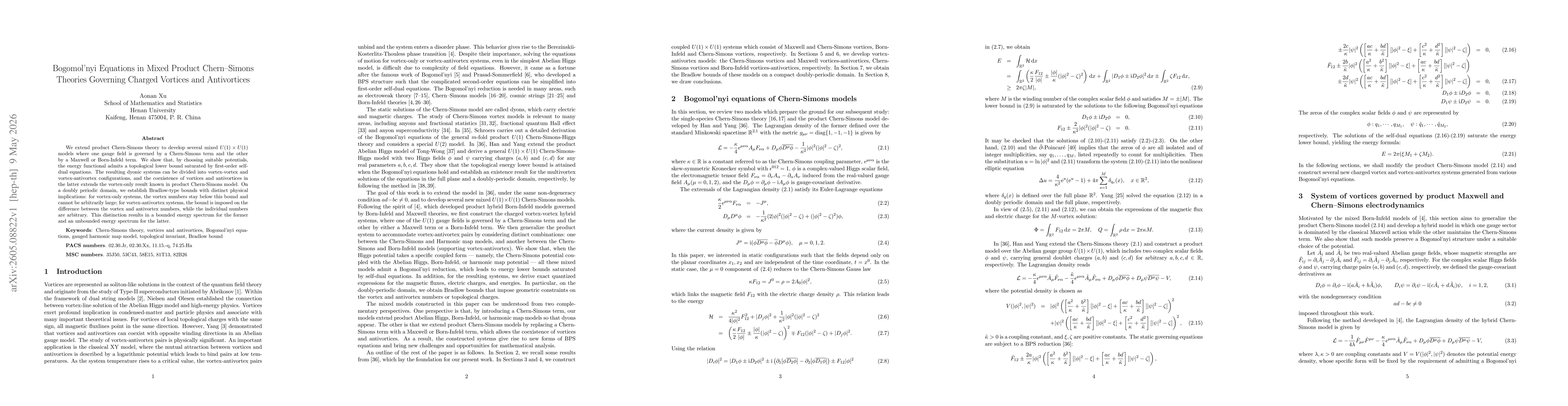 Thumbnail for Bogomol'nyi Equations in Mixed Product Chern-Simons Theories Governing Charged Vortices and Antivortices