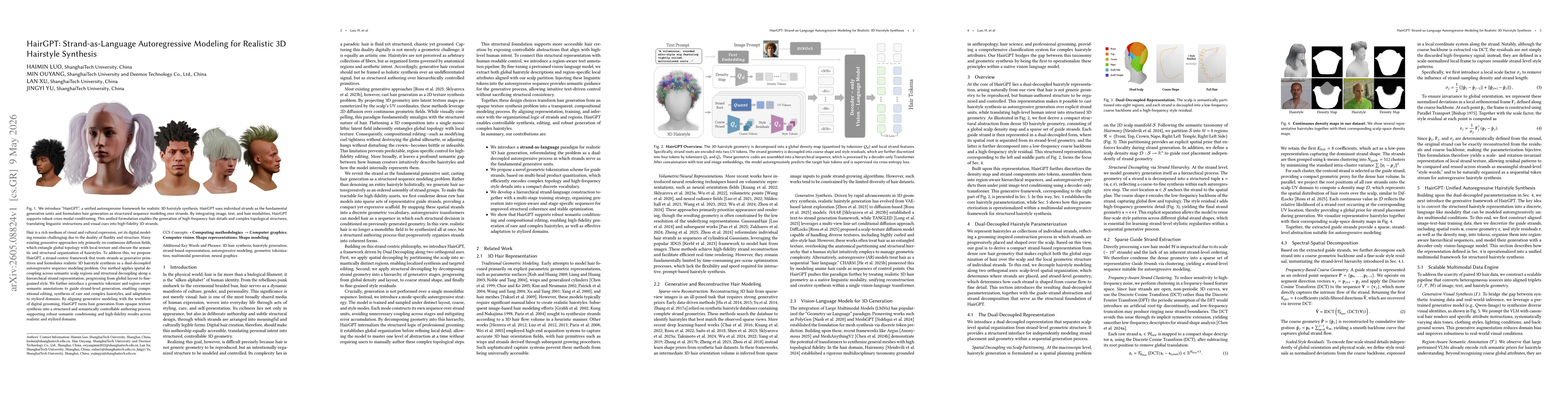 Thumbnail for HairGPT: Strand-as-Language Autoregressive Modeling for Realistic 3D Hairstyle Synthesis