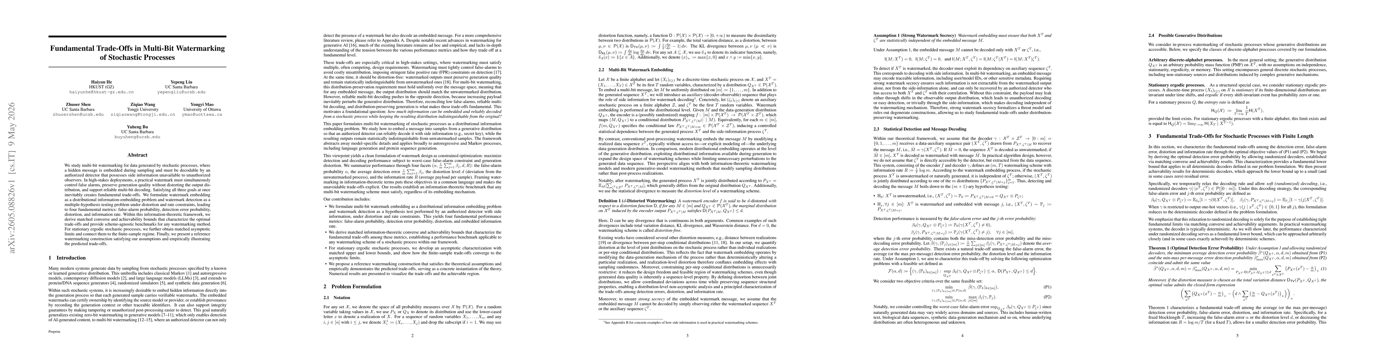 Thumbnail for Fundamental Trade-Offs in Multi-Bit Watermarking of Stochastic Processes