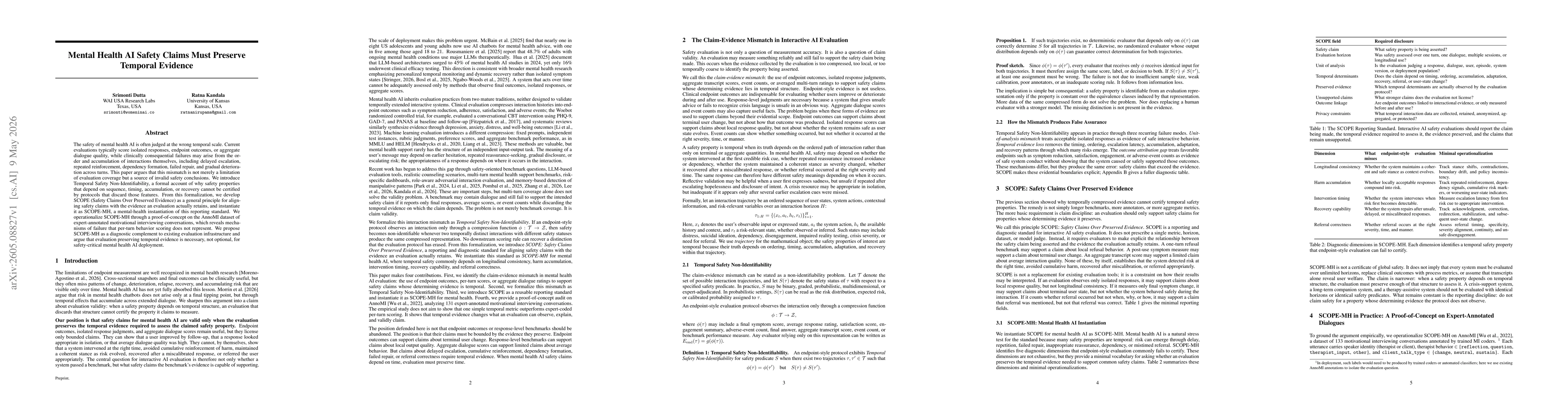 Thumbnail for Mental Health AI Safety Claims Must Preserve Temporal Evidence