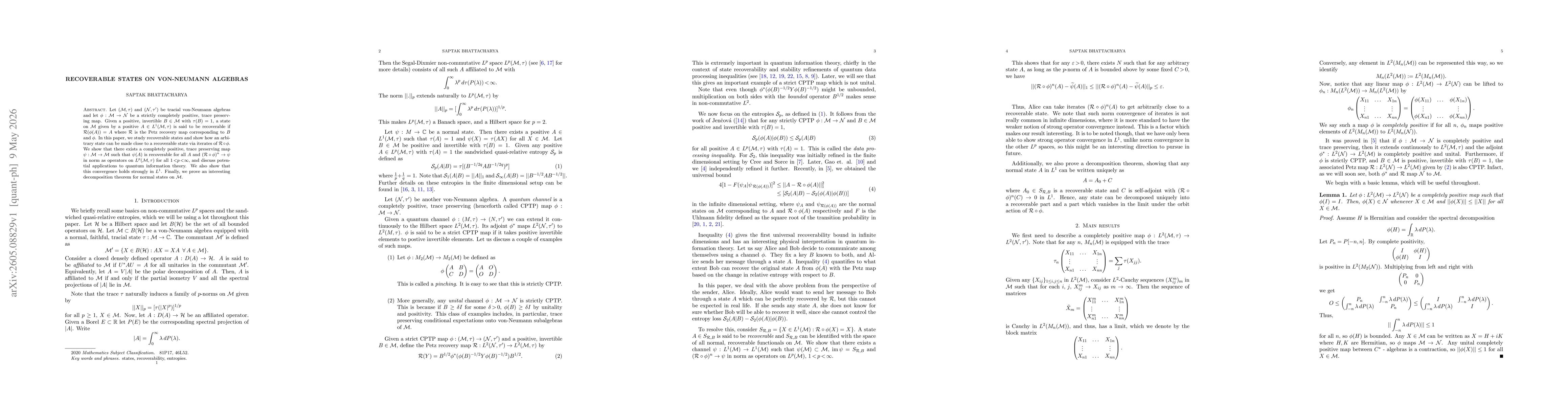 Thumbnail for Recoverable states on von-Neumann algebras