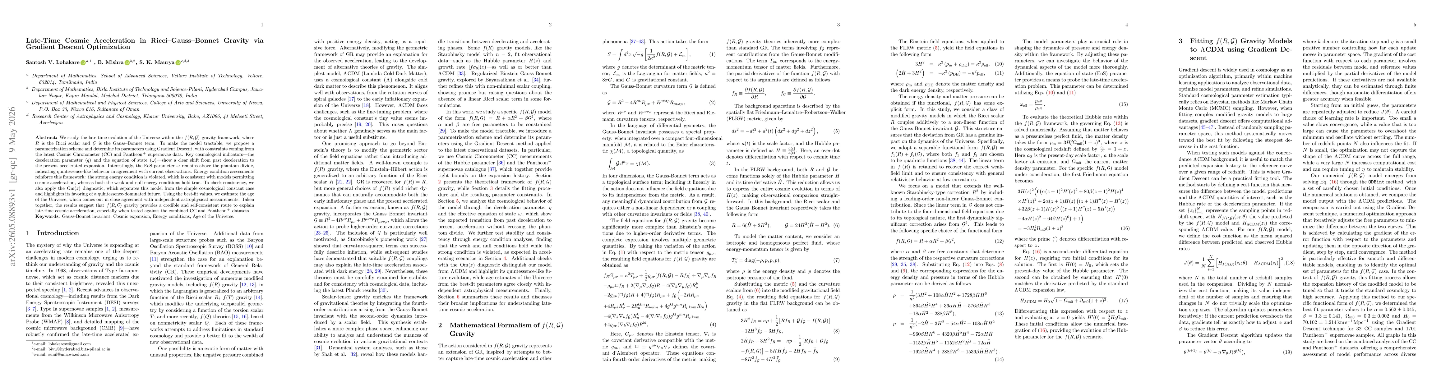 Thumbnail for Late-Time Cosmic Acceleration in Ricci-Gauss-Bonnet Gravity via Gradient Descent Optimization