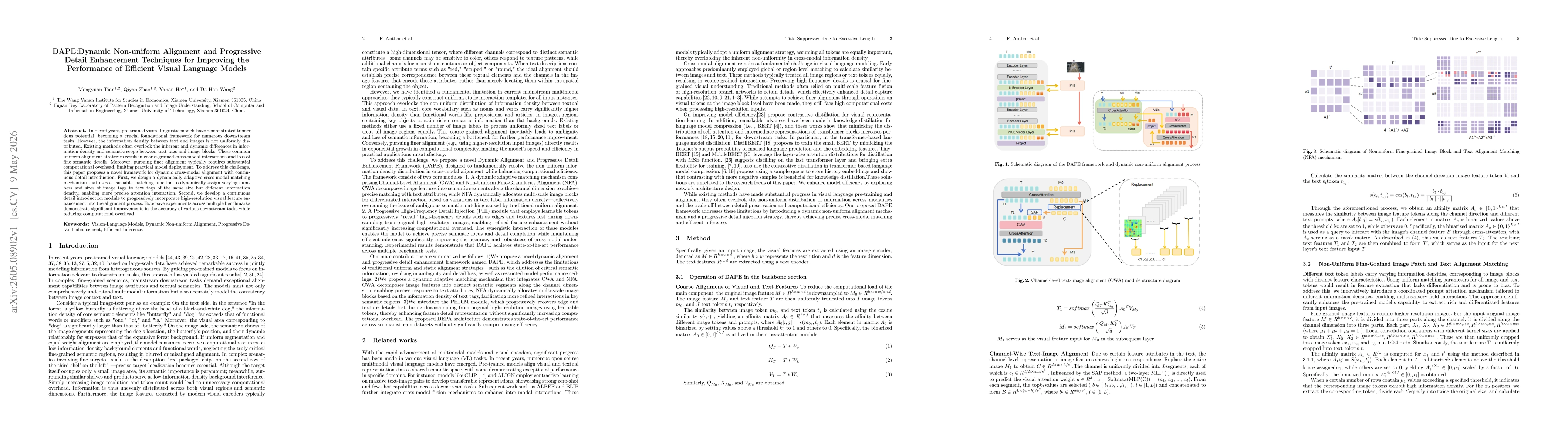 Thumbnail for DAPE: Dynamic Non-uniform Alignment and Progressive Detail Enhancement Techniques for Improving the Performance of Efficient Visual Language Models
