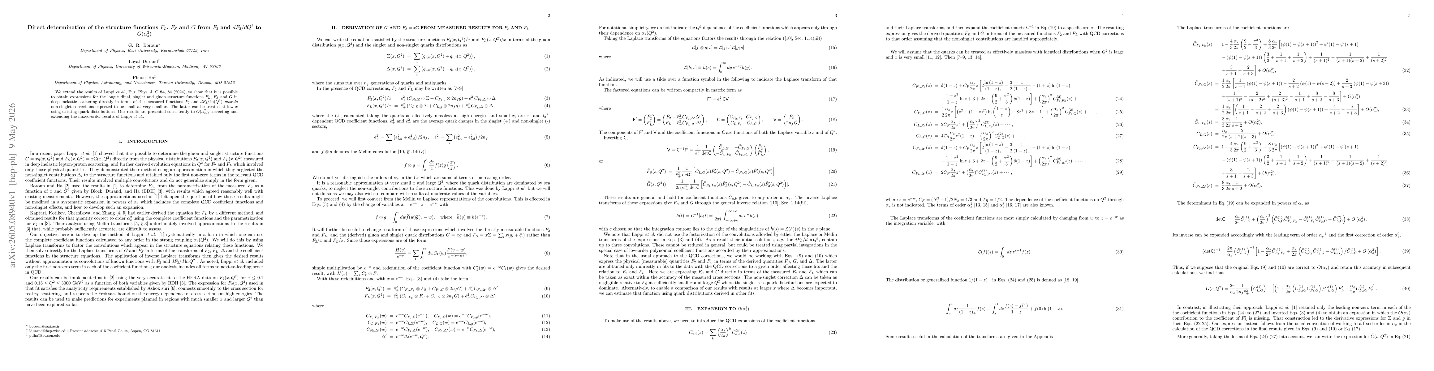 Thumbnail for Direct determination of the structure functions $F_L$, $F_S$ and $G$ from $F_2$ and $dF_2/dQ^2$ to $O(α_s^2)$