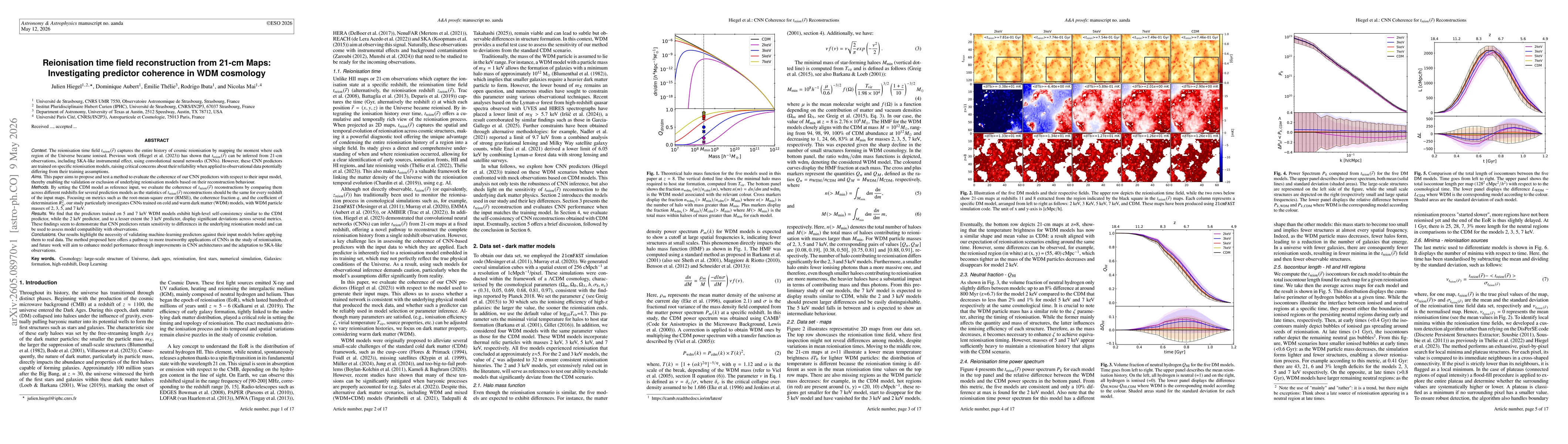 Thumbnail for Reionisation time field reconstruction from 21-cm Maps: Investigating predictor coherence in WDM cosmology