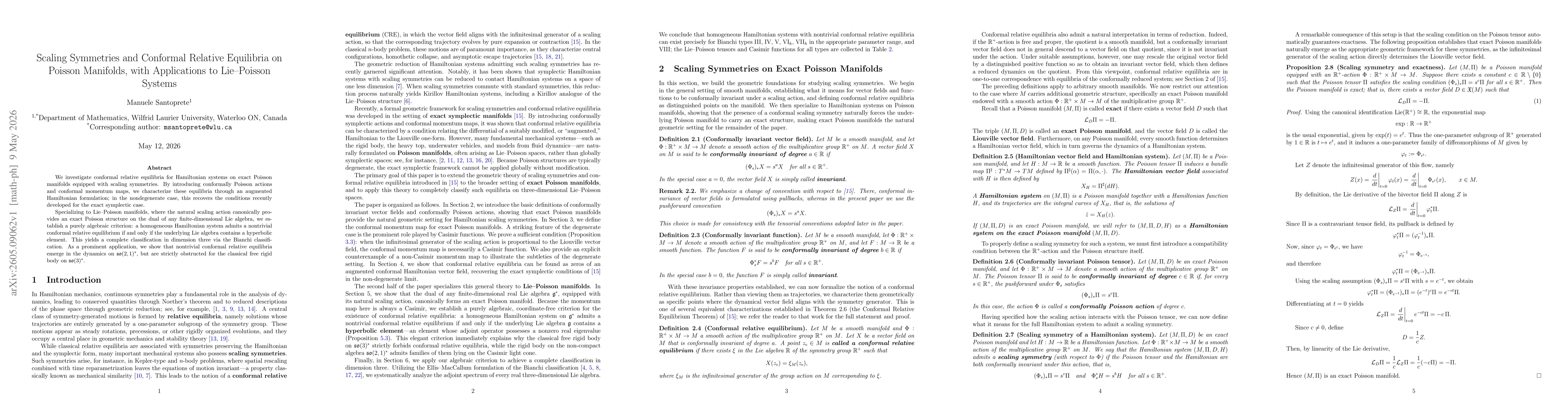 Thumbnail for Scaling Symmetries and Conformal Relative Equilibria on Poisson Manifolds, with Applications to Lie--Poisson Systems