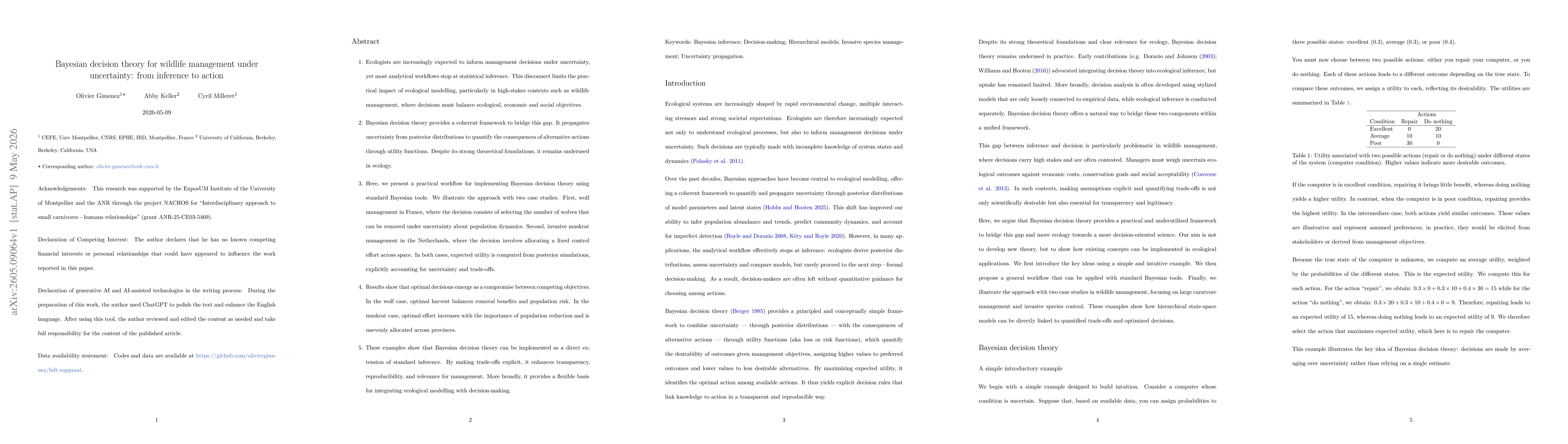 Thumbnail for Bayesian decision theory for wildlife management under uncertainty: from inference to action