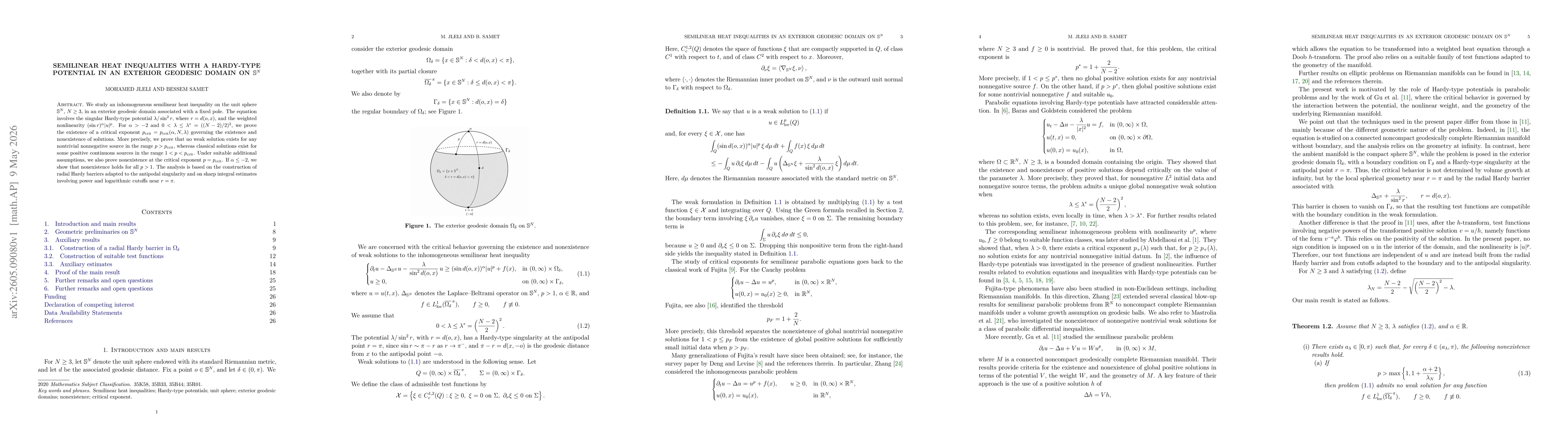 Thumbnail for Semilinear Heat Inequalities with a Hardy-Type Potential in an Exterior Geodesic Domain on $\mathbb{S}^N$