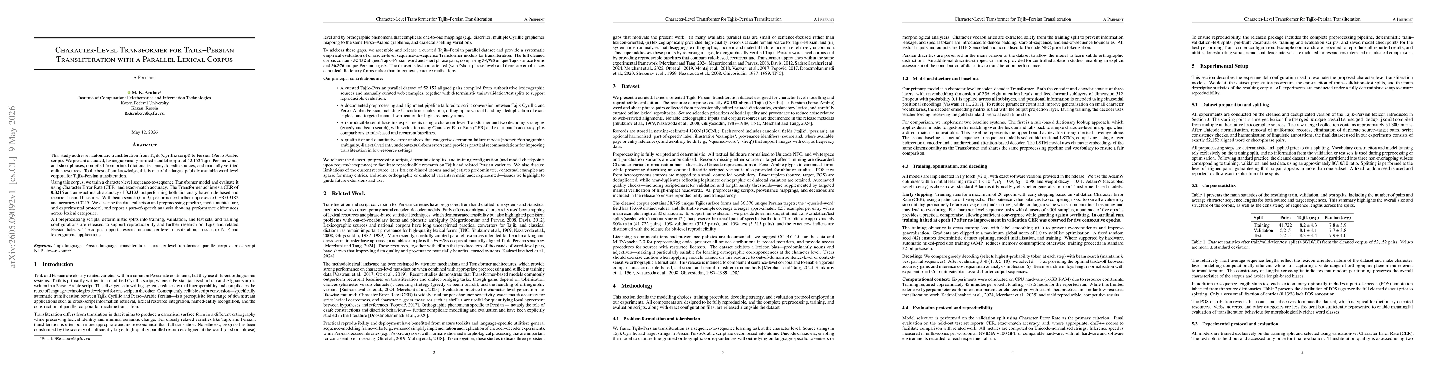 Thumbnail for Character-Level Transformer for Tajik-Persian Transliteration with a Parallel Lexical Corpus