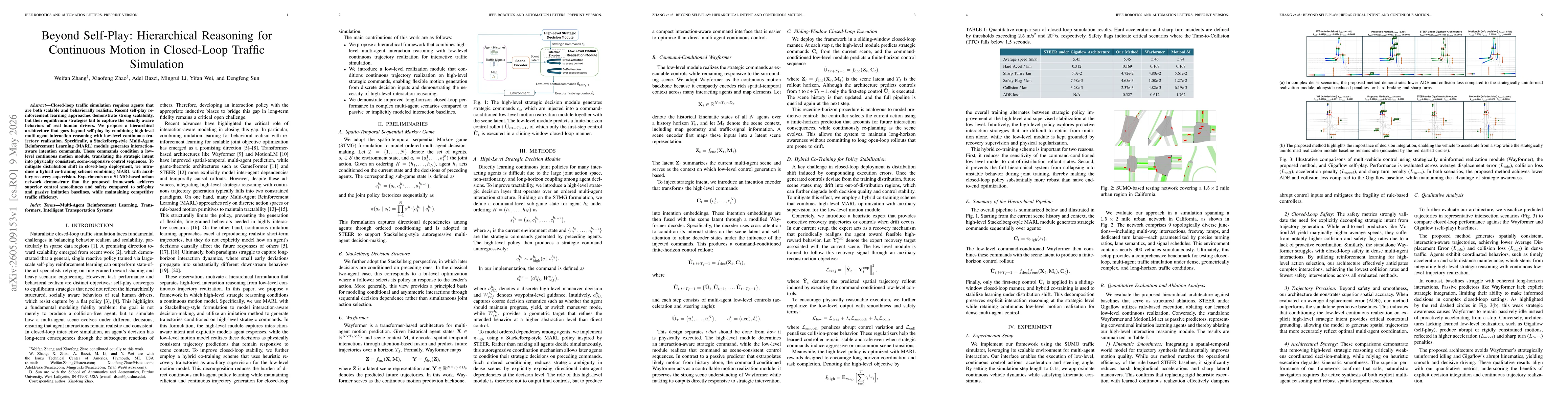 Thumbnail for Beyond Self-Play: Hierarchical Reasoning for Continuous Motion in Closed-Loop Traffic Simulation