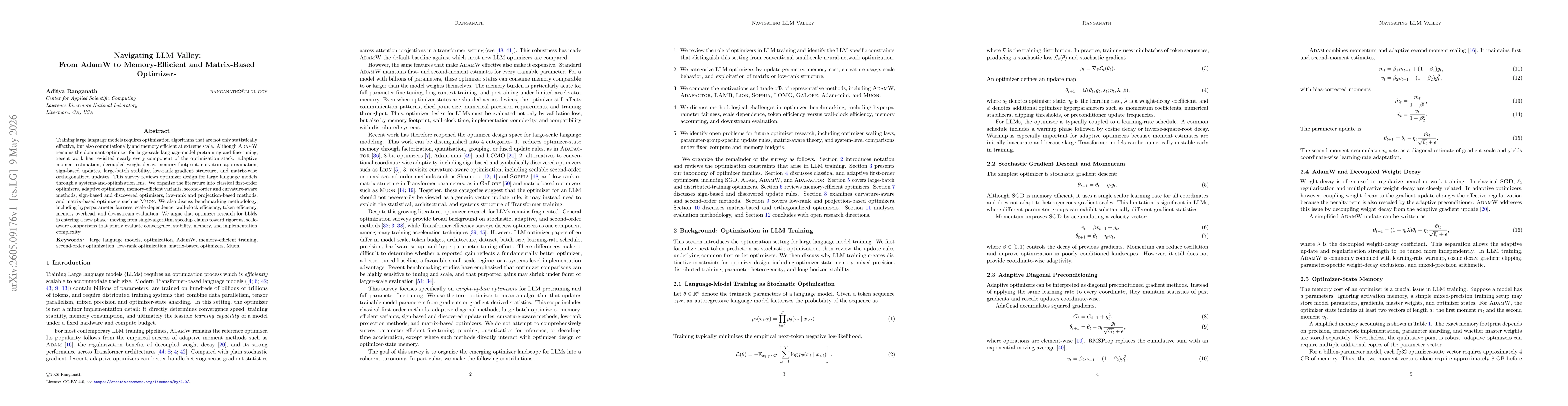 Thumbnail for Navigating LLM Valley: From AdamW to Memory-Efficient and Matrix-Based Optimizers