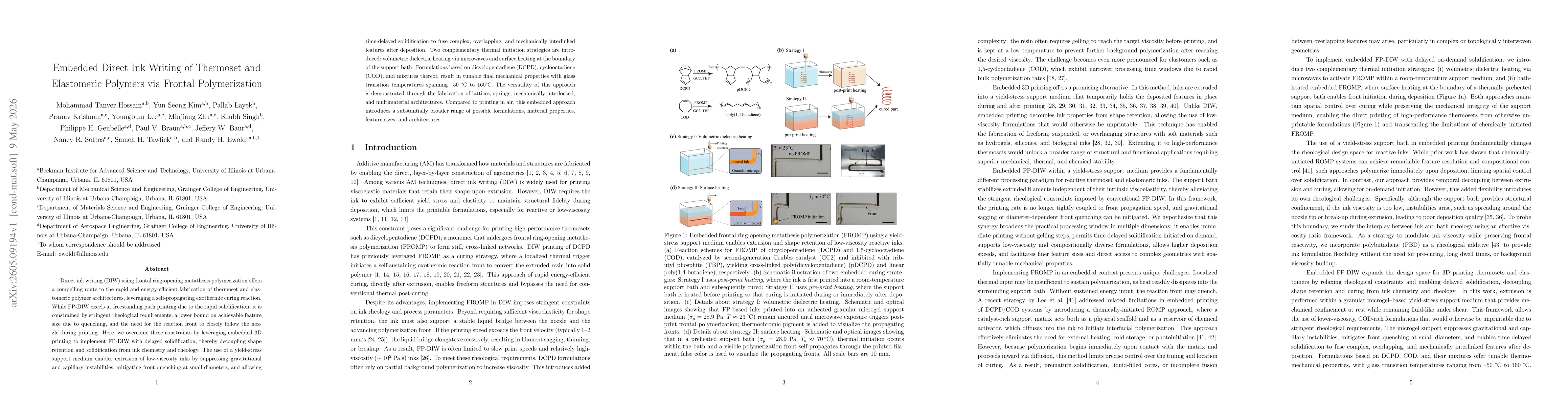 Thumbnail for Embedded Direct Ink Writing of Thermoset and Elastomeric Polymers via Frontal Polymerization