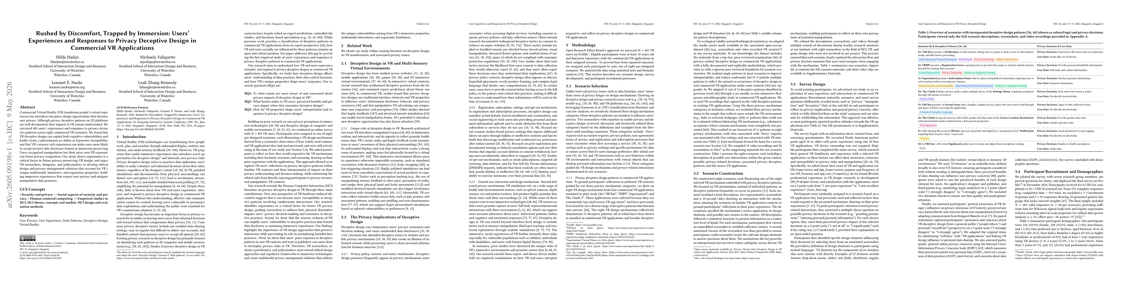 Thumbnail for Rushed by Discomfort, Trapped by Immersion: Users' Experiences and Responses to Privacy Deceptive Design in Commercial VR Applications