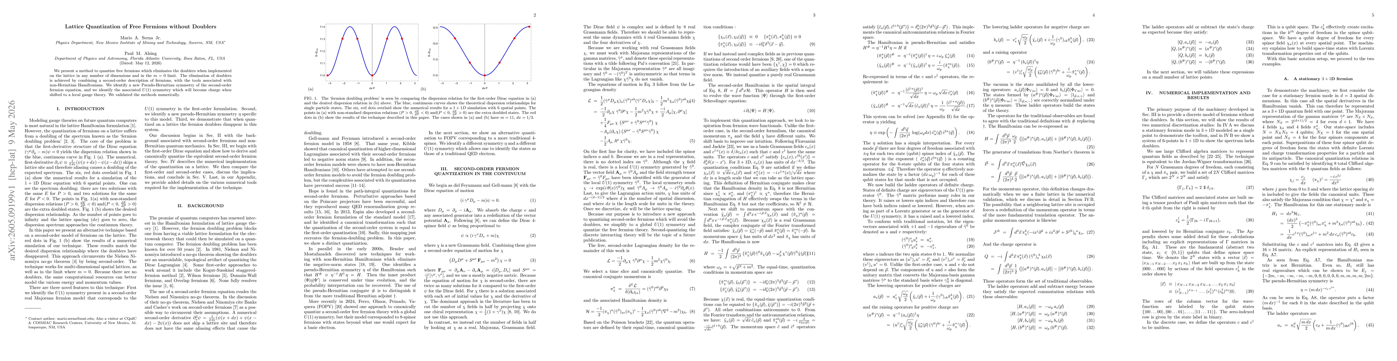 Thumbnail for Lattice Quantization of Free Fermions without Doublers