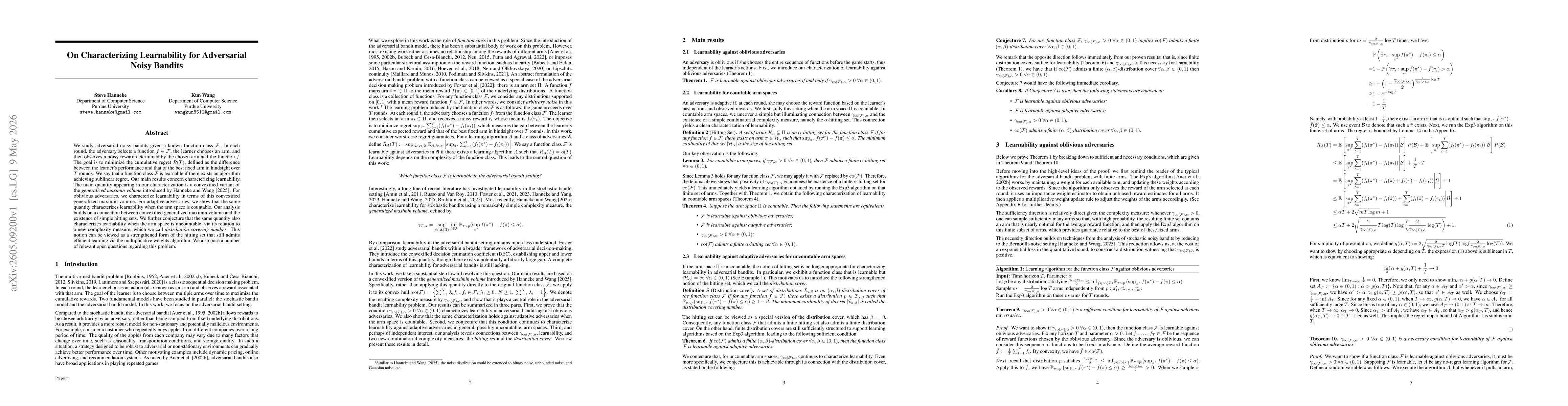 Thumbnail for On Characterizing Learnability for Adversarial Noisy Bandits